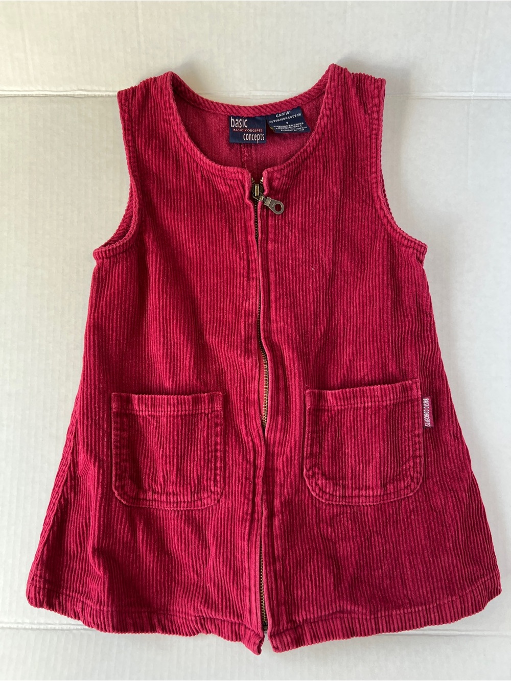 Red Corduroy Zip Front Kids Dress